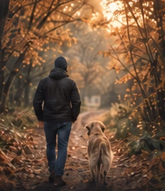 A person walking a dog through amber autumn trees