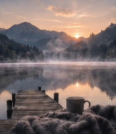 A quiet dock, a mug and a misty mountain lake at dawn