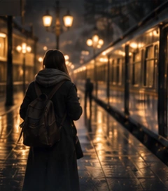 A traveler beside a warmly lit train on a rainy evening