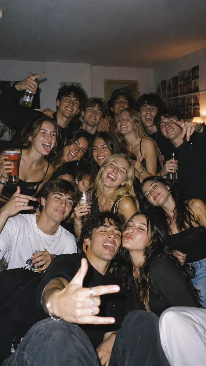 Friends crowding together for a house-party photograph in Madrid