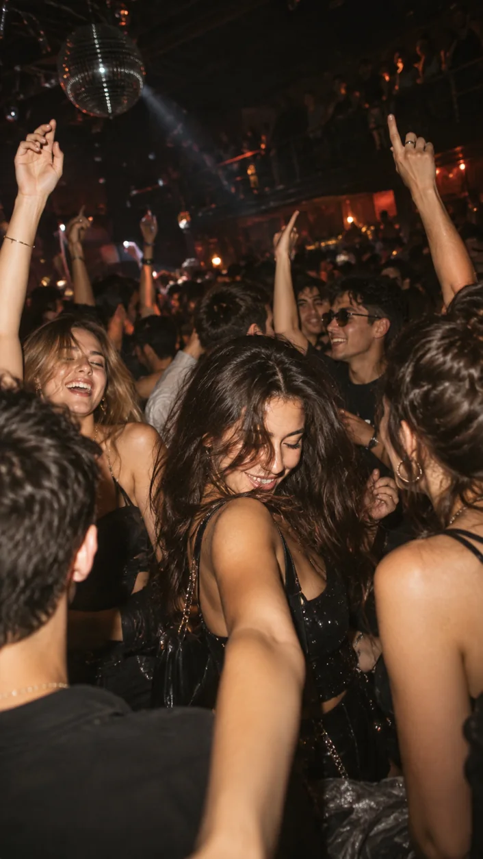 Friends dancing beneath a disco ball in a crowded Berlin club