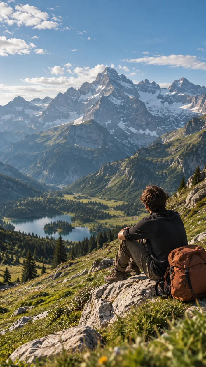 A solo hiker looking across the Alps above Grindelwald